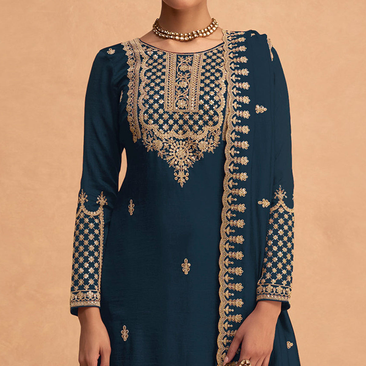 Teal Blue Sequins Embroidered Georgette Palazzo Suit