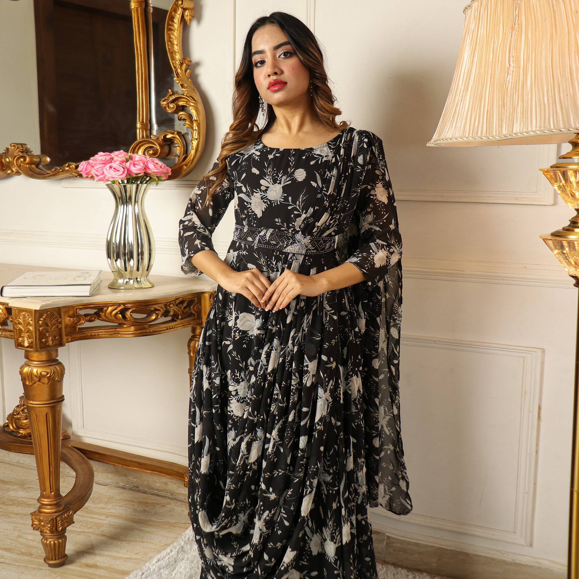 Black Floral Printed With Stone Work Georgette Gown
