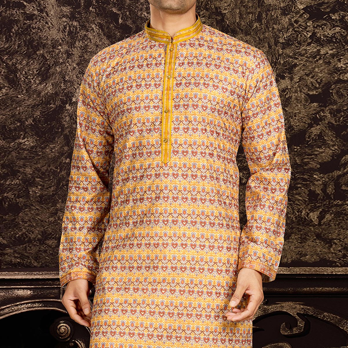 Yellow Lucknowi And Digital Printed Cotton Kurta Pyjama Set