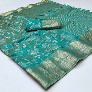 Rama Blue Woven Organza Saree With Tassels