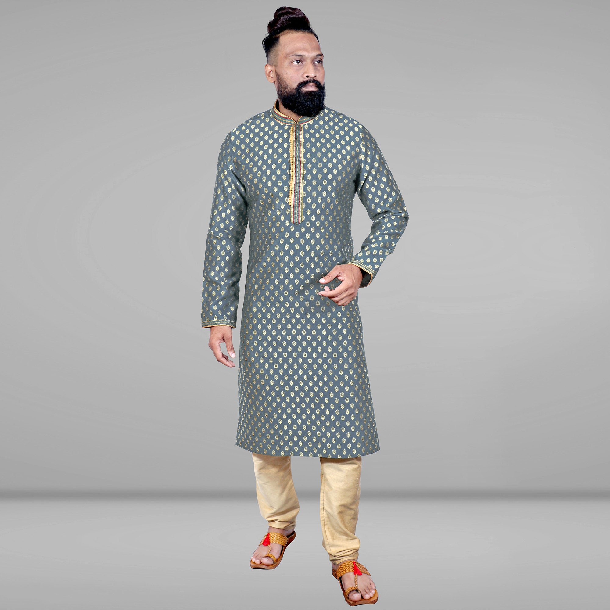 Gray Woven Jacquard Kurta Pyjama Set