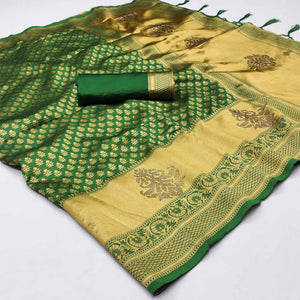 Green Woven Art Silk Saree With Tassels