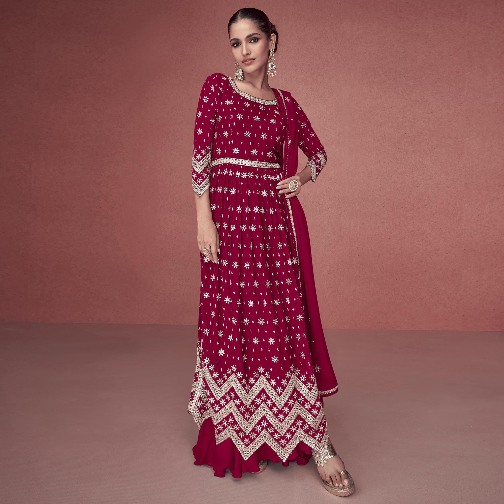 Rani Pink Sequins Embroidered Georgette Semi Stitched Naira Cut Suit