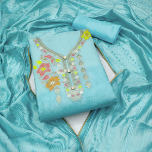 Blue Floral Woven Banarasi Silk Dress Material