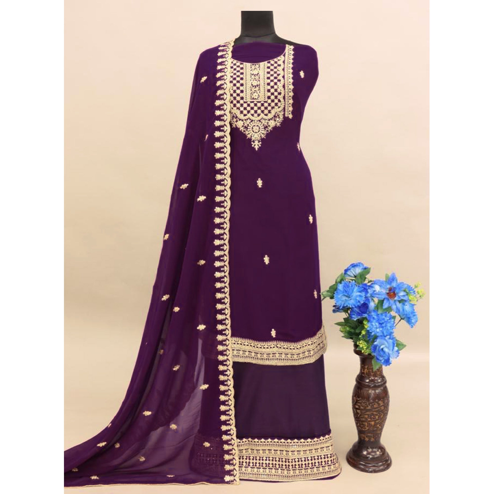 Purple Sequins Embroidered Georgette Palazzo Suit