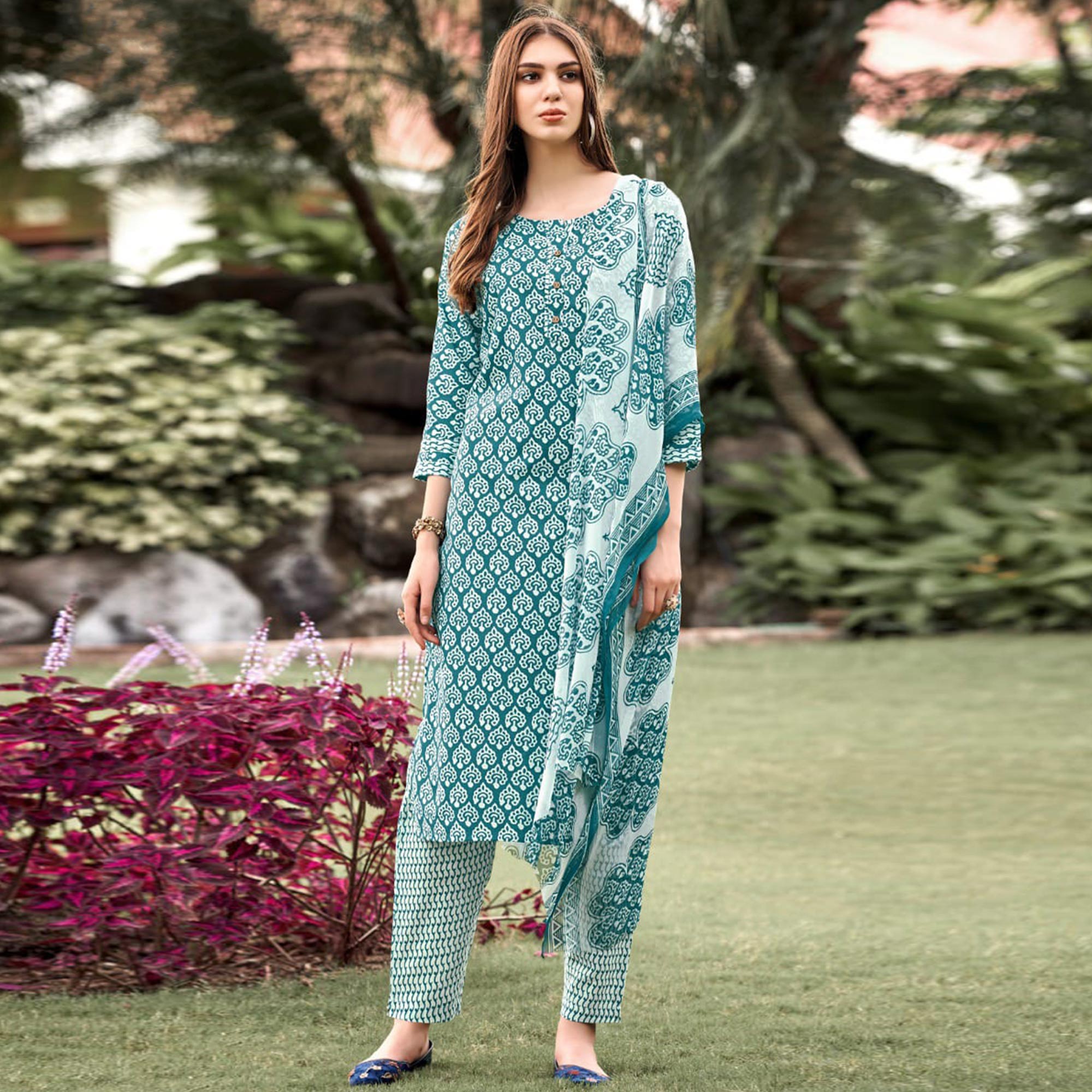 Rama Blue Floral Printed Cotton Blend Suit