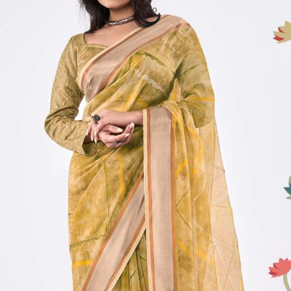 Mustard Printed Organza Saree With Woven Border