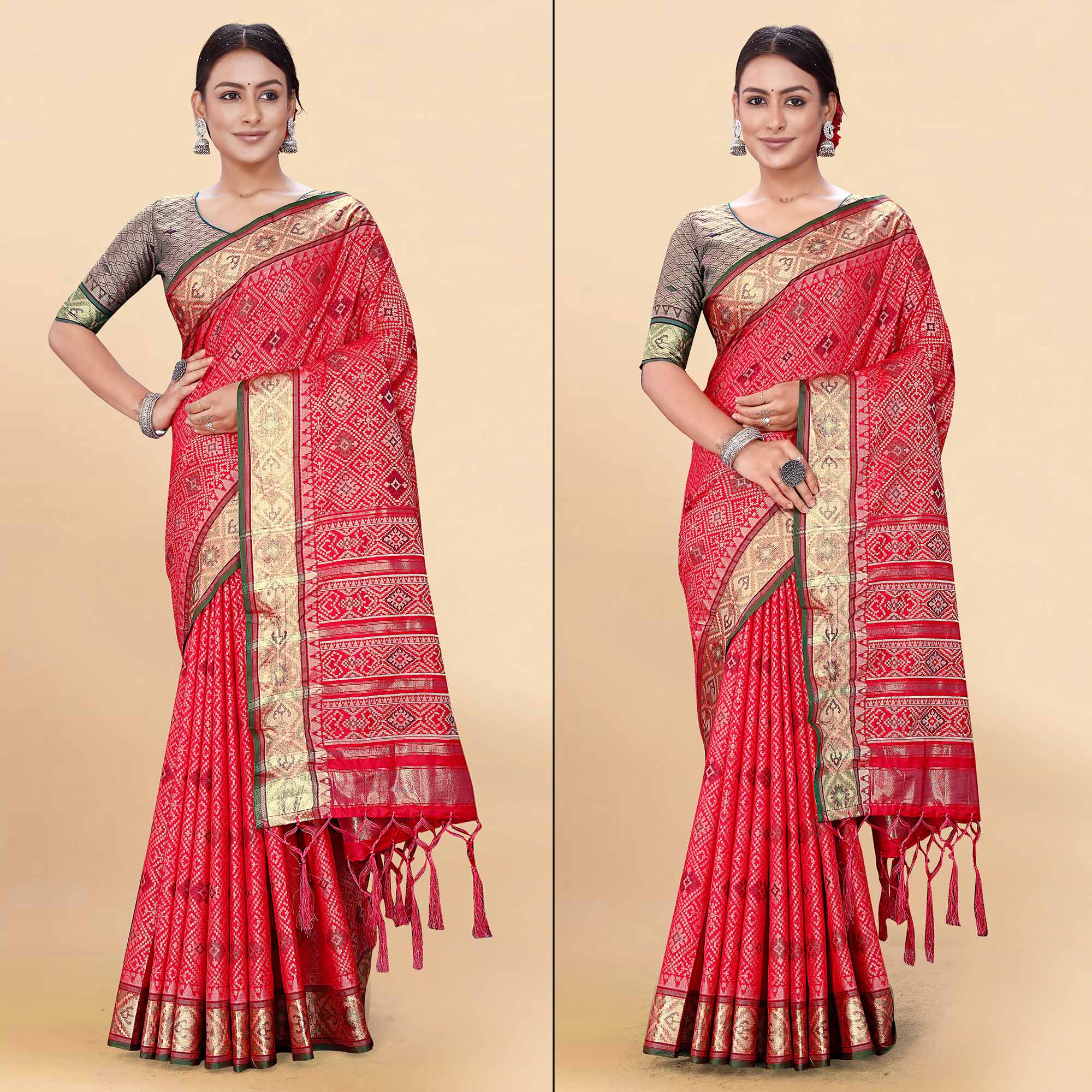 Pink Woven Patola Art Silk Saree With Tassels