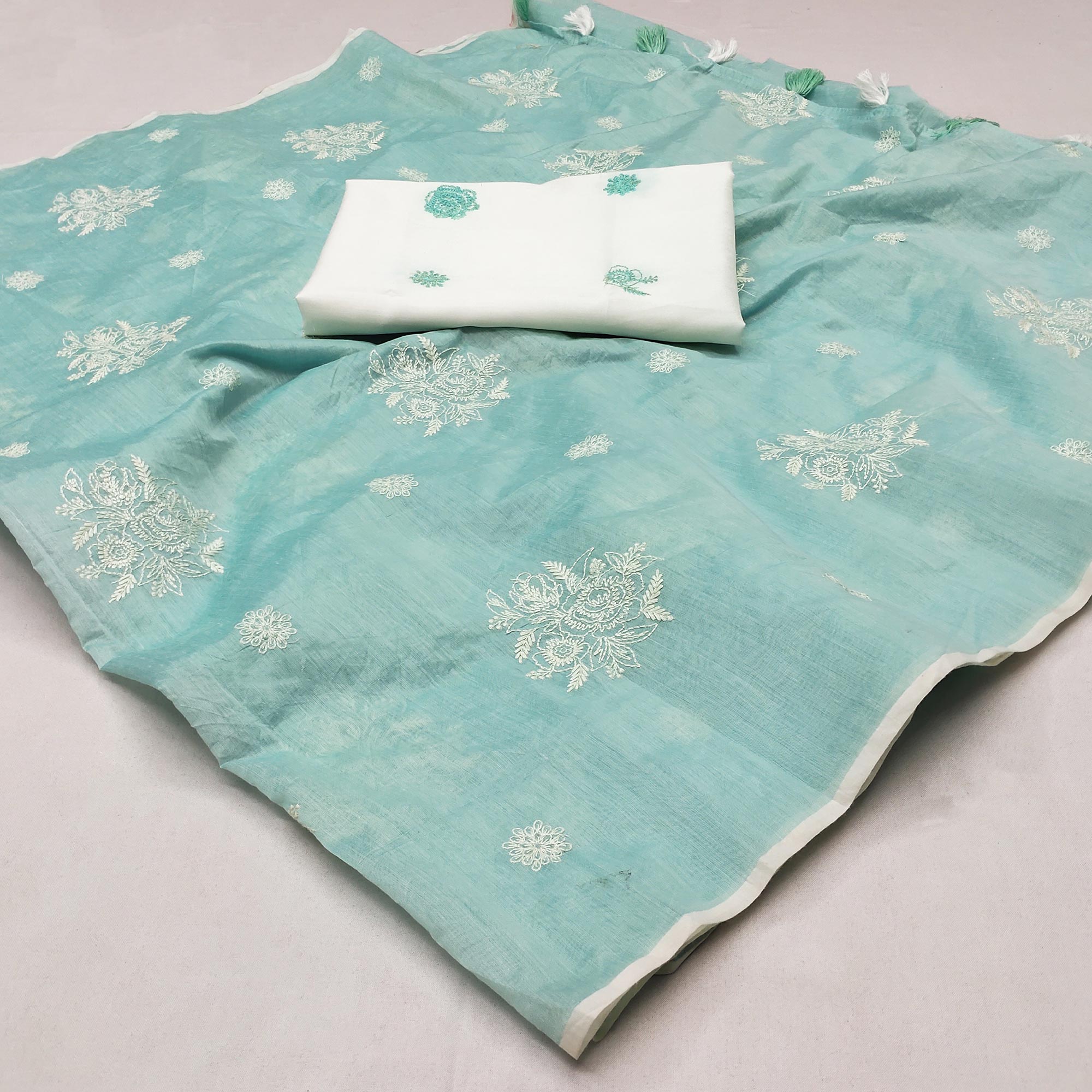 Blue Floral Embroidered Chanderi Saree With Tassels