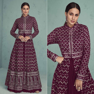 Maroon Floral Embroidered Georgette Front Slit Suit