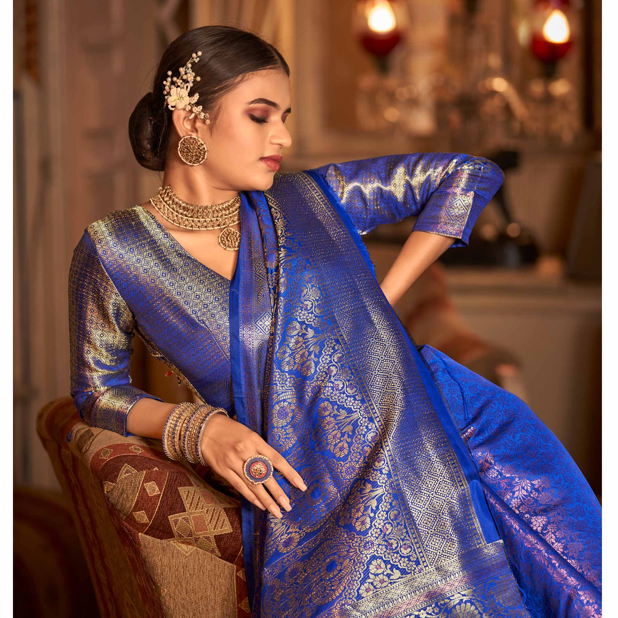 Blue Floral Woven Kanjivaram Silk Saree