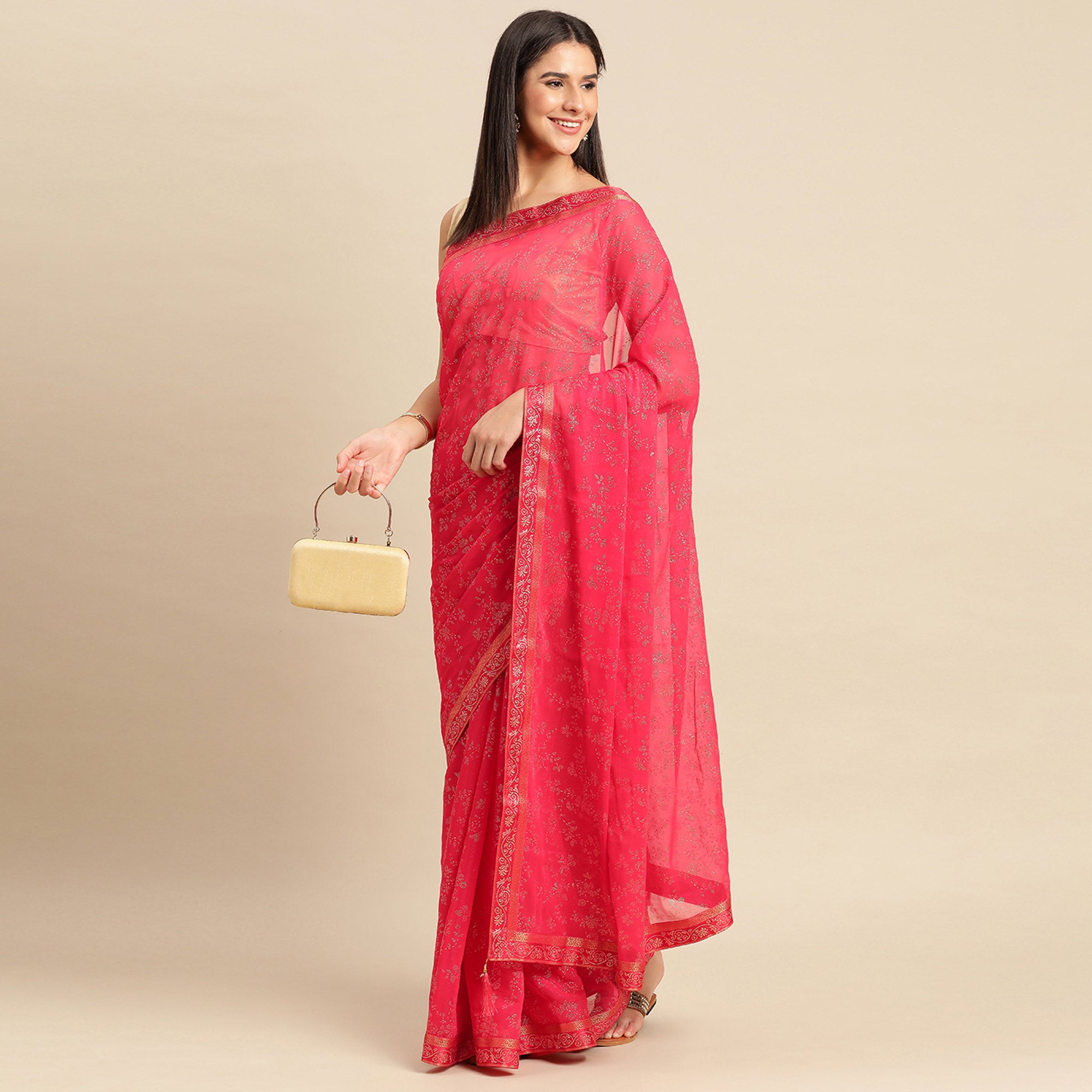 Pink Floral Foil Printed Shimmer Saree
