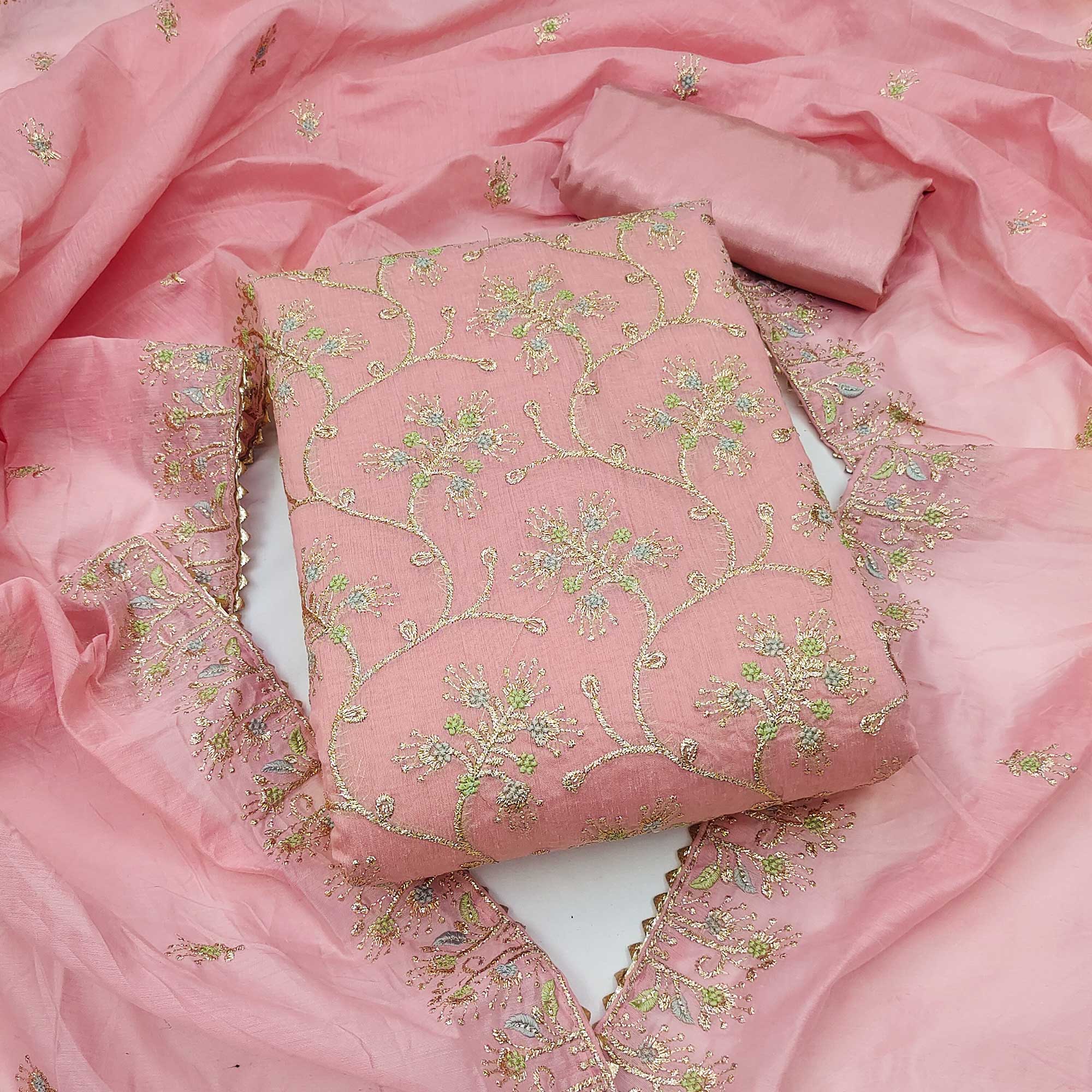 Pink Floral Embroidered Chanderi Dress Material