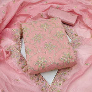 Pink Floral Embroidered Chanderi Dress Material