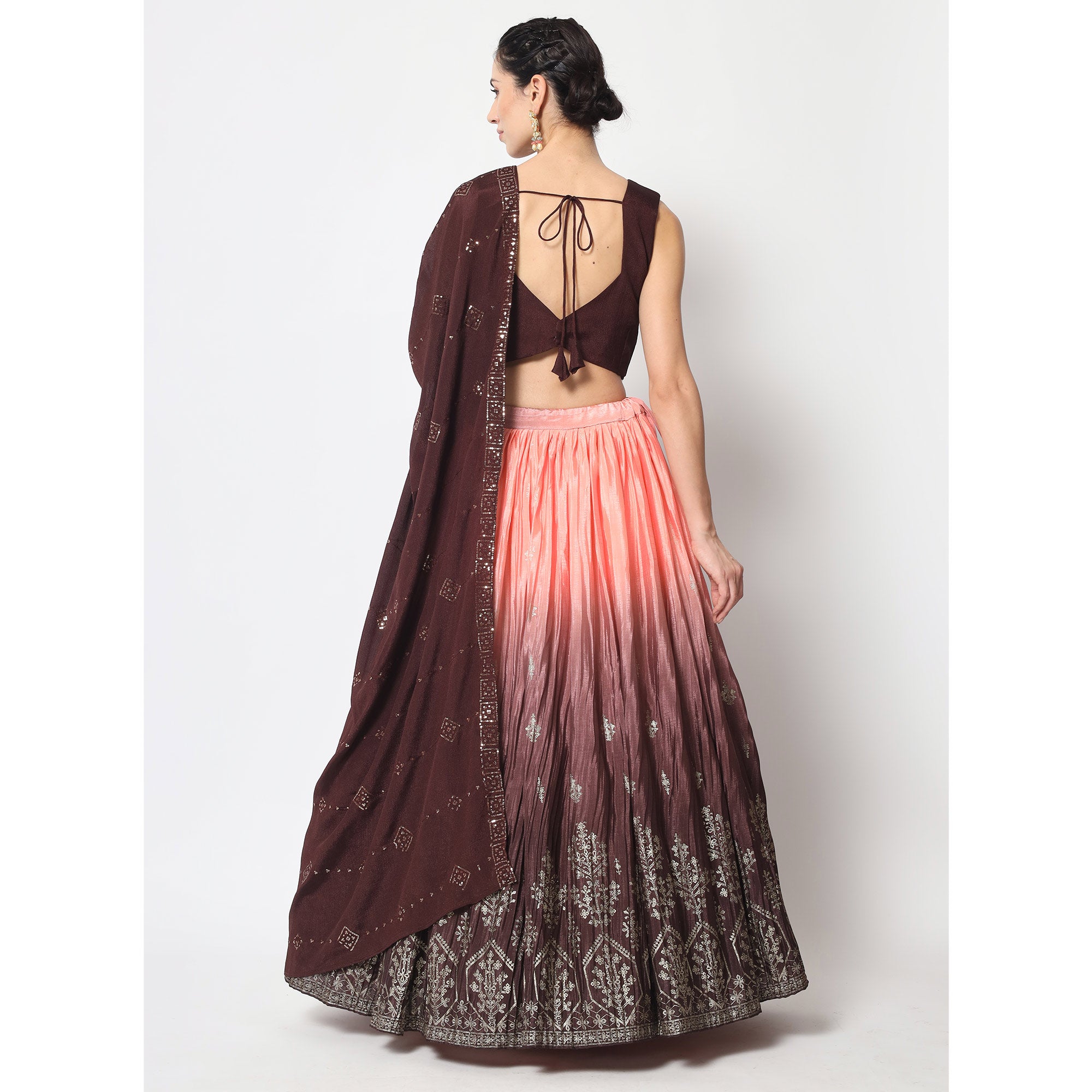 Coffee & Peach Foil Printed Chiffon Lehenga Choli