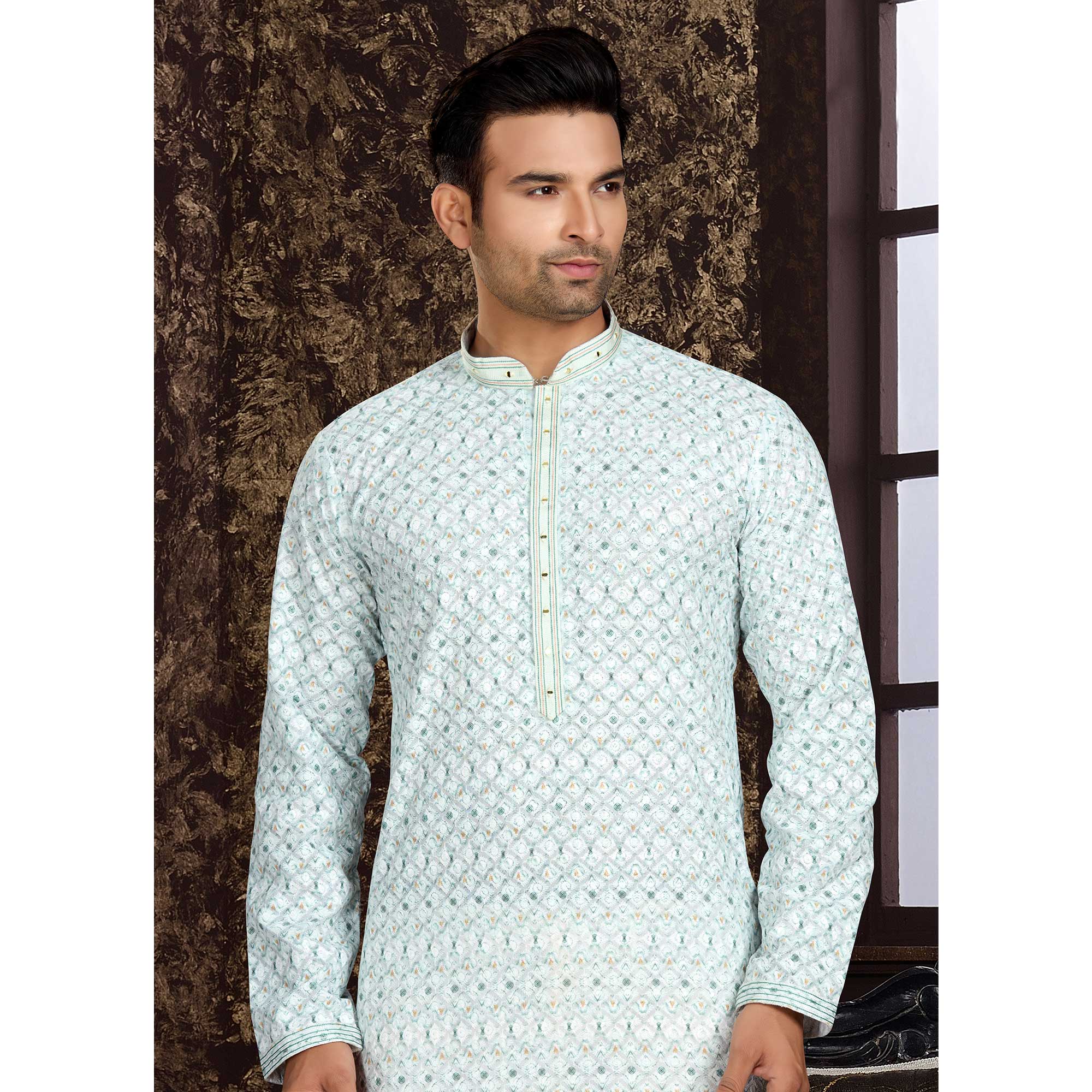 White Lucknowi And Digital Printed Cotton Kurta Pyjama Set