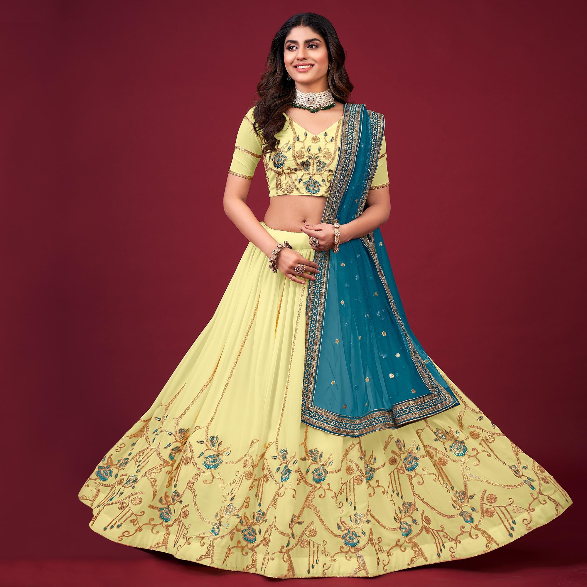 Yellow Embroidered Georgette Lehenga Choli
