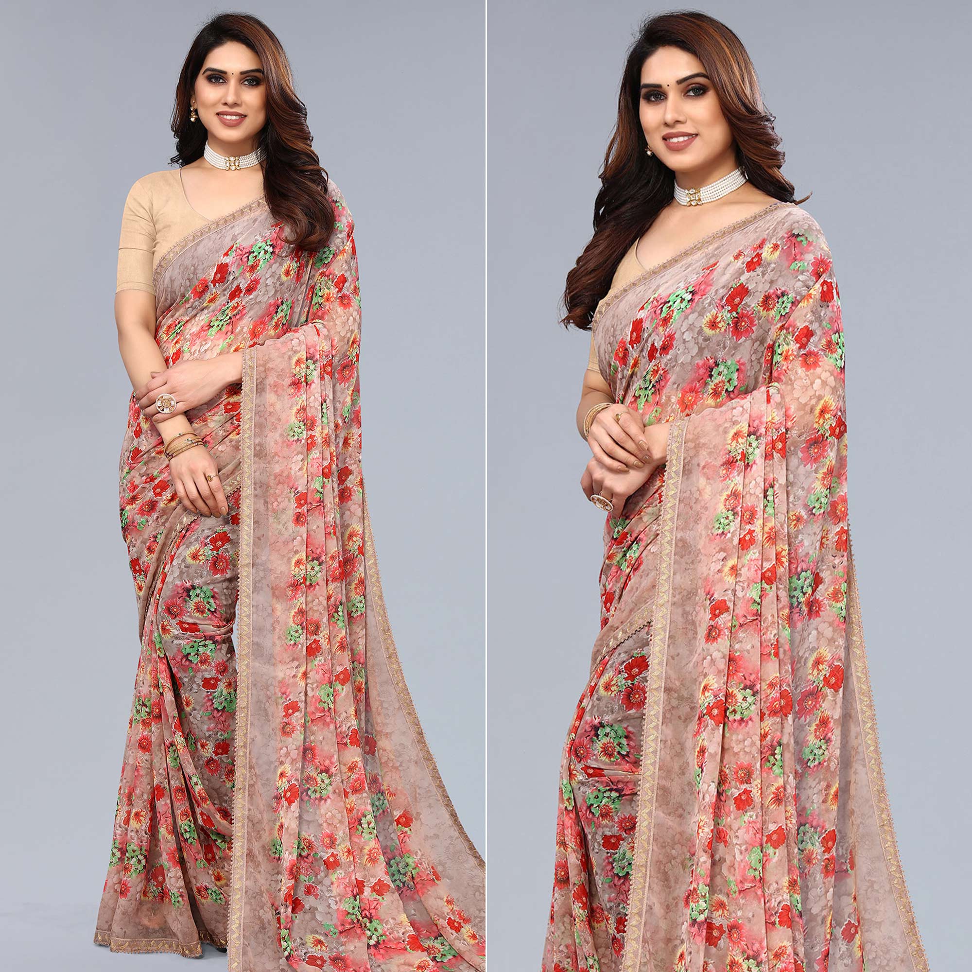 Beige Printed Georgette Saree With Crochet Border