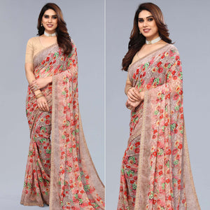 Beige Printed Georgette Saree With Crochet Border
