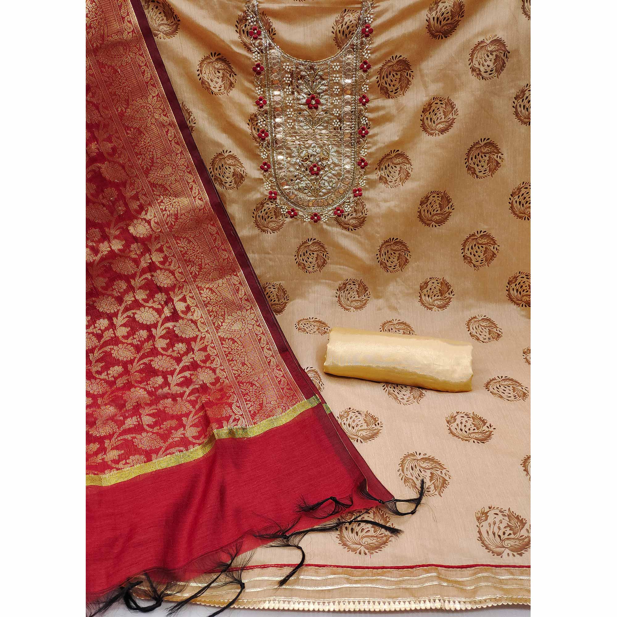 Beige Floral Printed With Handwork Modal Dress Material