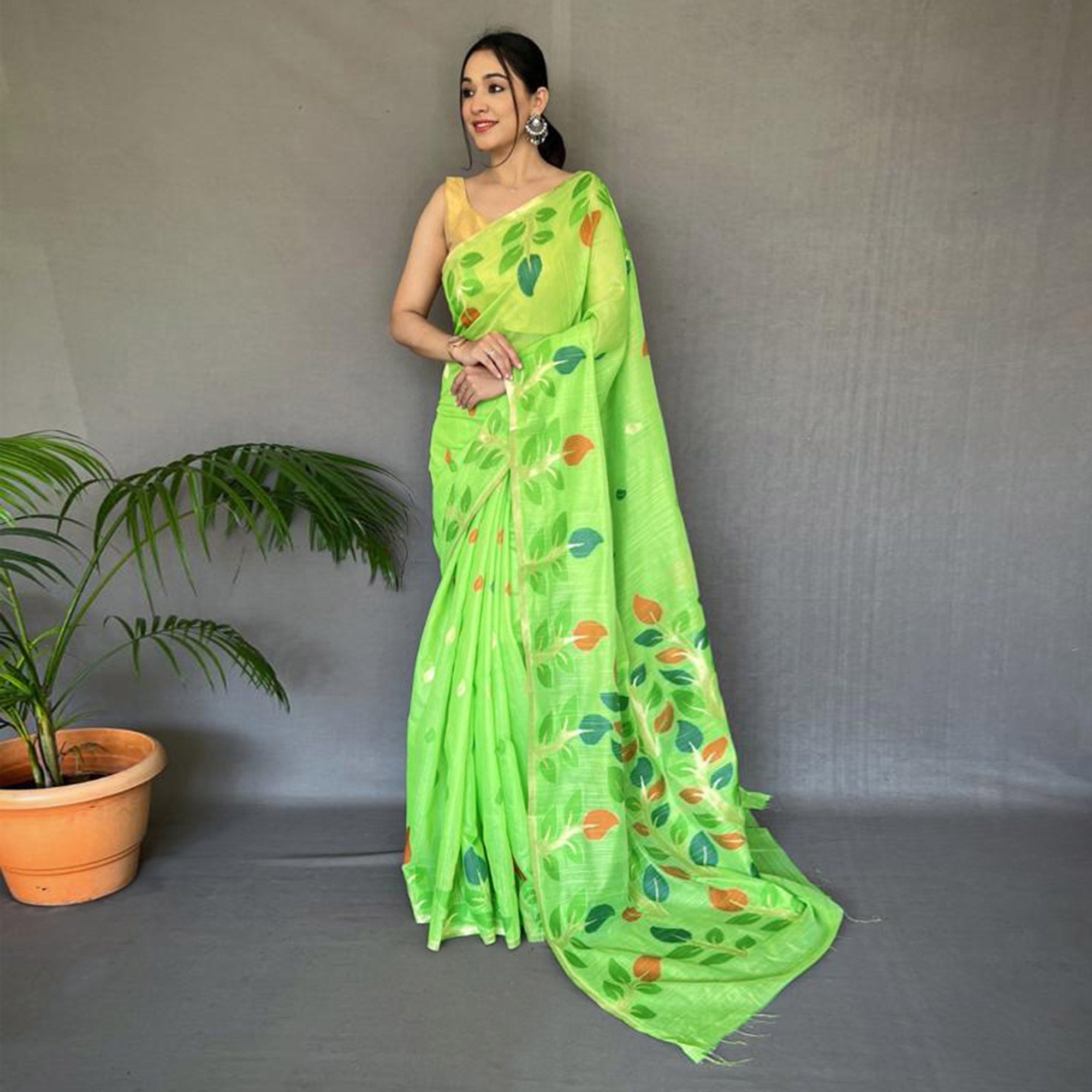 Pista Green Floral Woven Cotton Saree