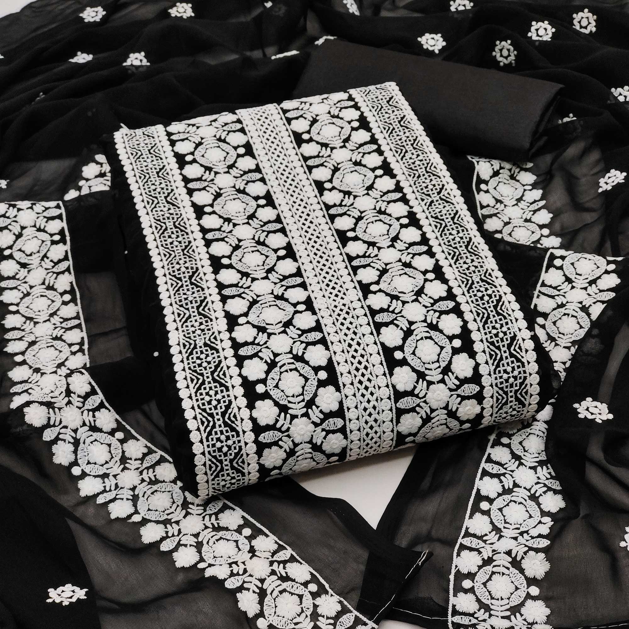 Black Lucknowi Embroidered Georgette Dress Material