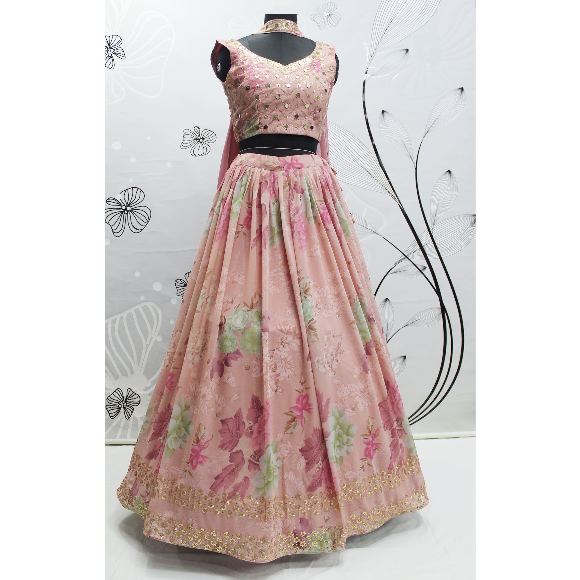 Pink Printed With Sequins Embroidered Georgette Lehenga Choli