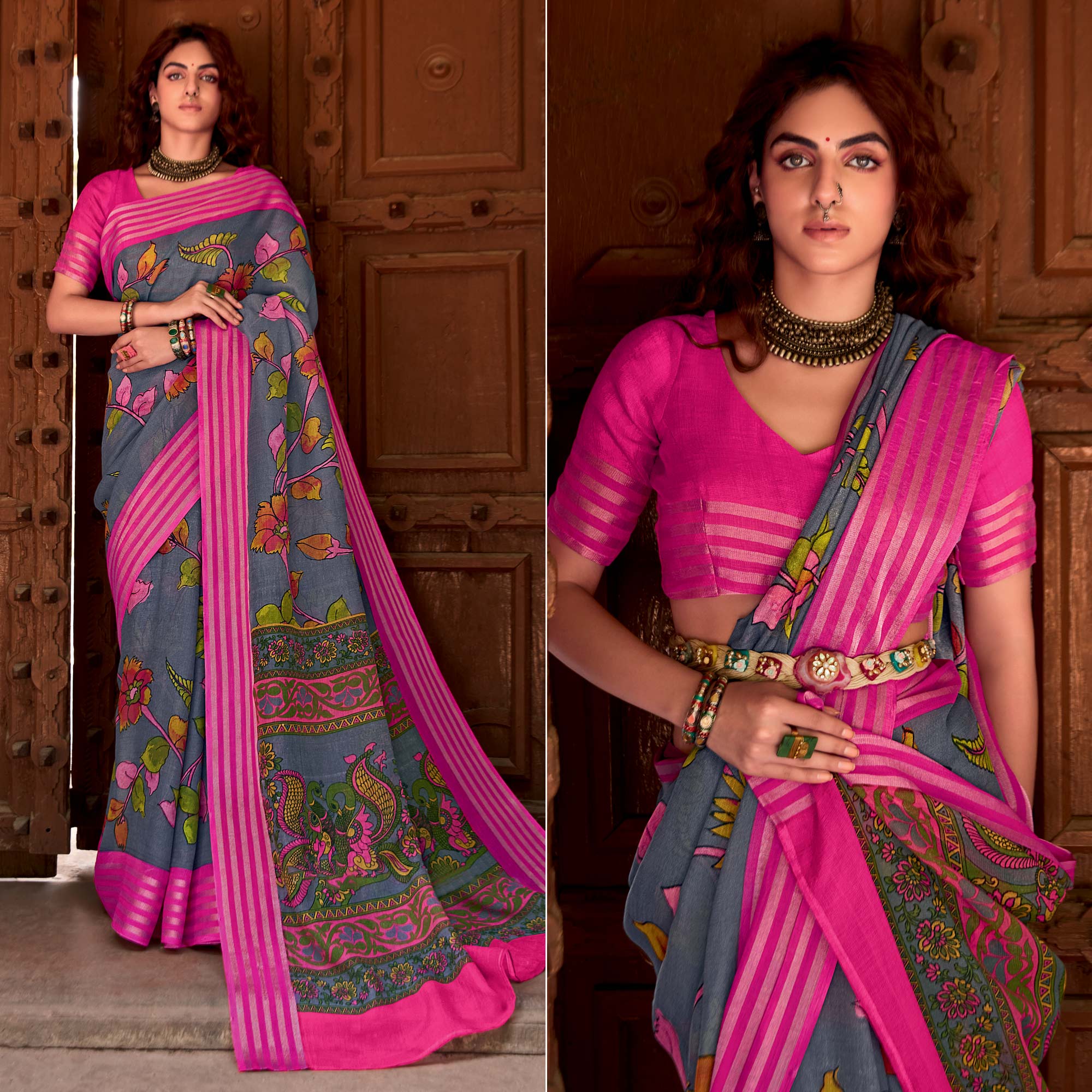 Grey Floral Printed Linen Saree