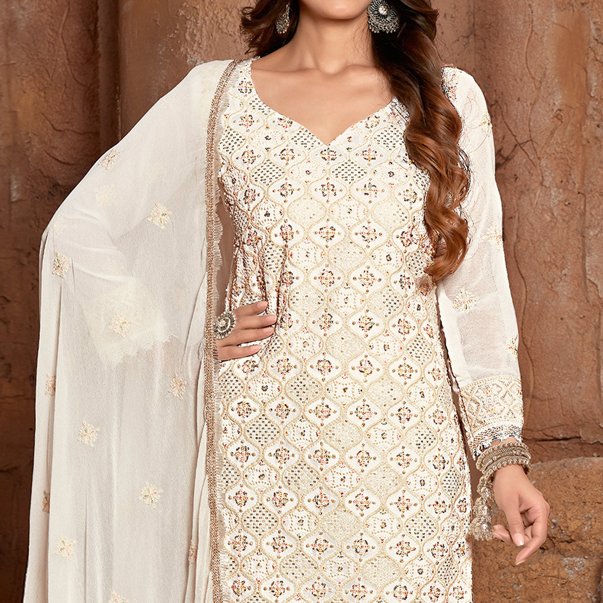 White Lucknowi Embroidered Georgette Suit