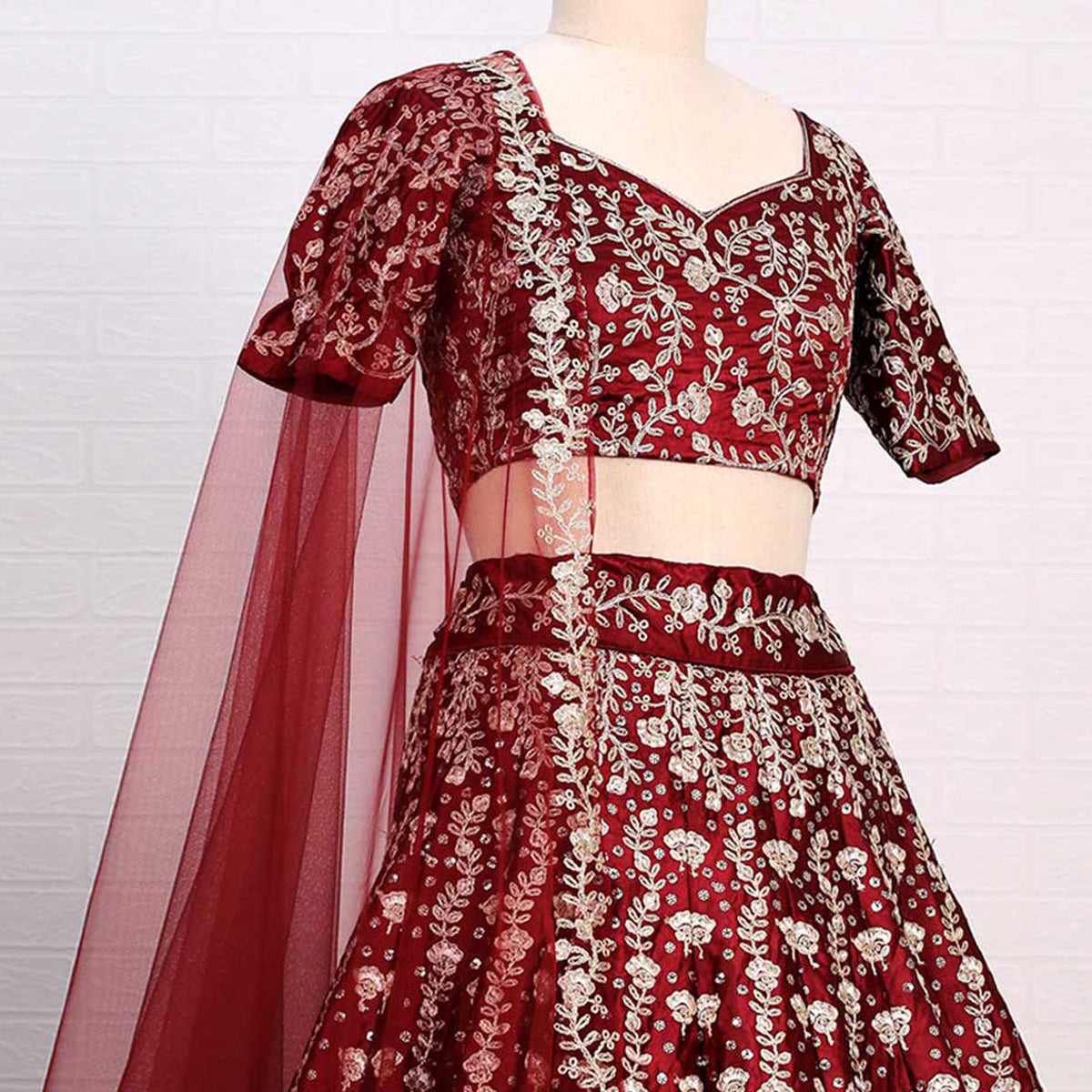 Maroon Embroidered Satin Lehenga Choli