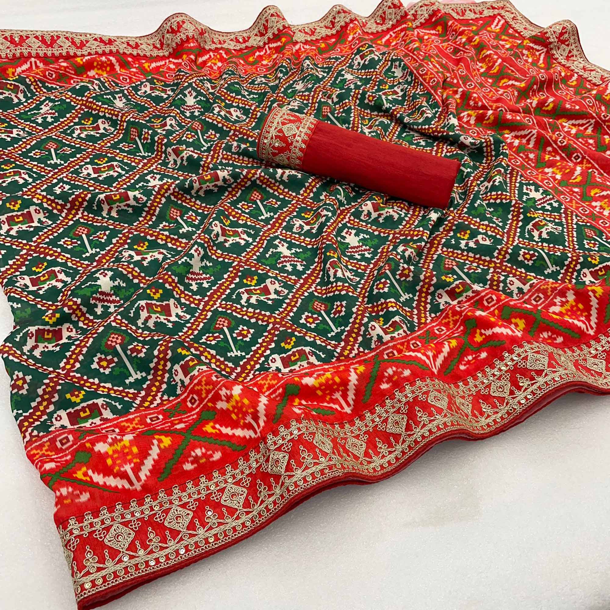 Green & Red Digital Printed With Sequins Vichitra Silk Saree
