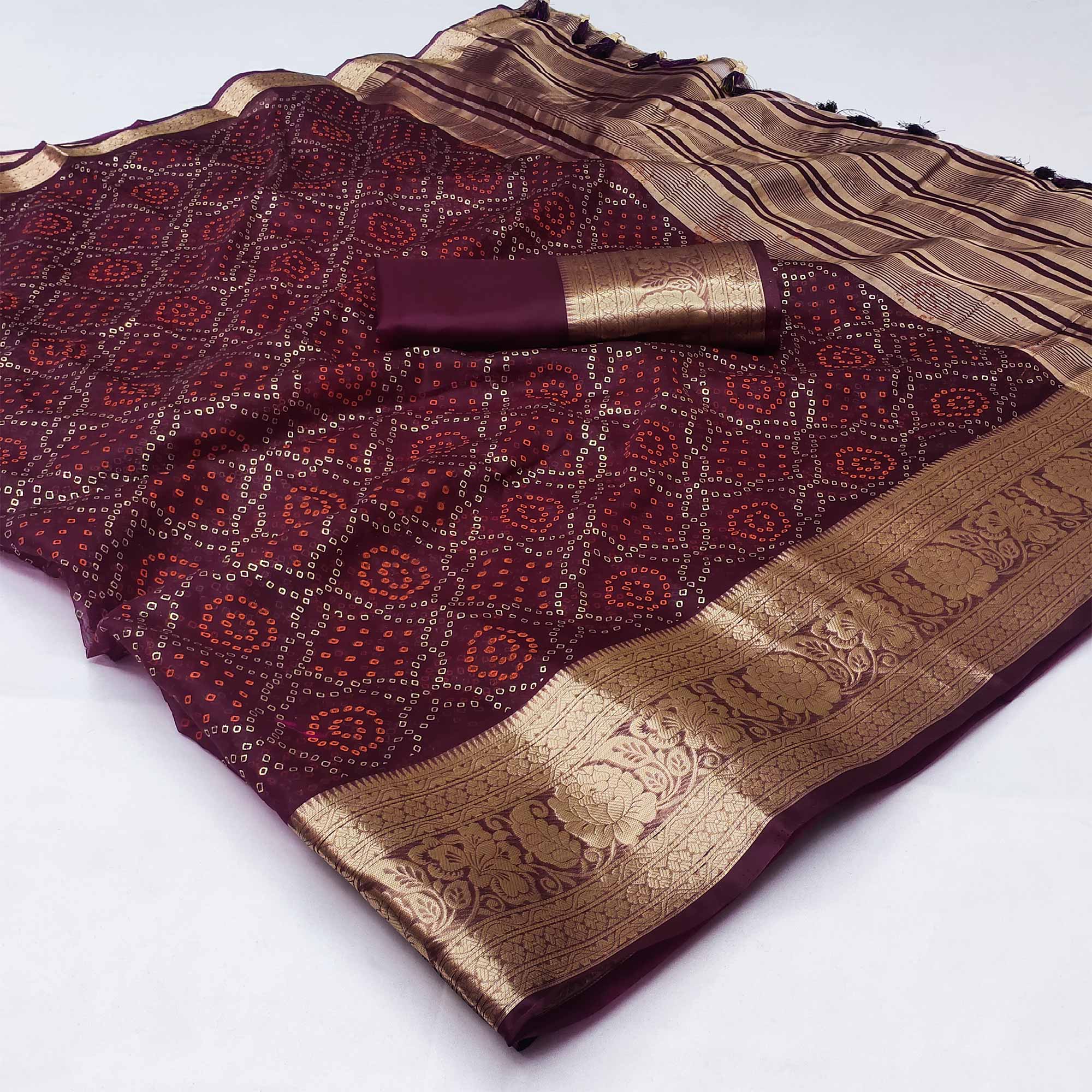 Wine Bandhani Printed Organza Saree With Tassels