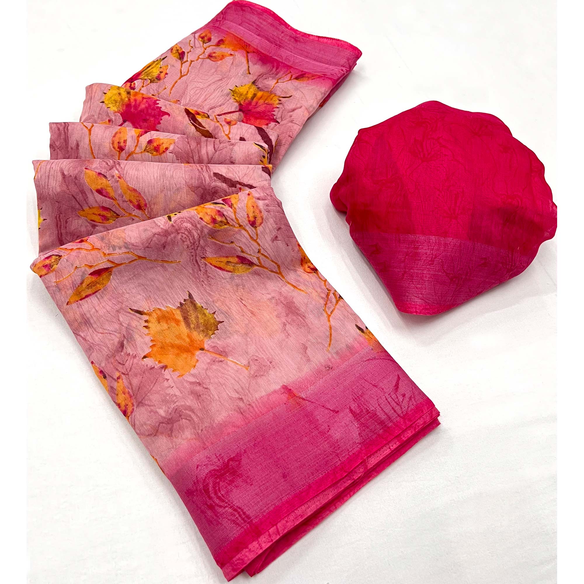 Pink Floral Printed Linen Saree