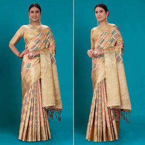 Multicolor Woven Organza Saree With Tassels