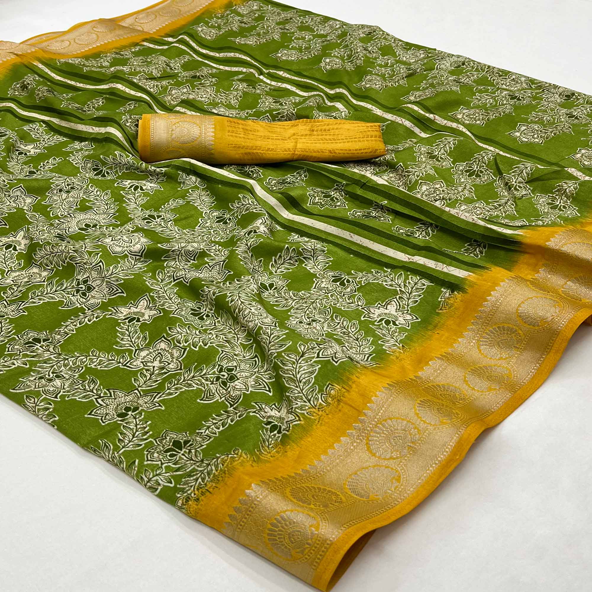 Green Floral Printed With Woven Border Dola Silk Saree