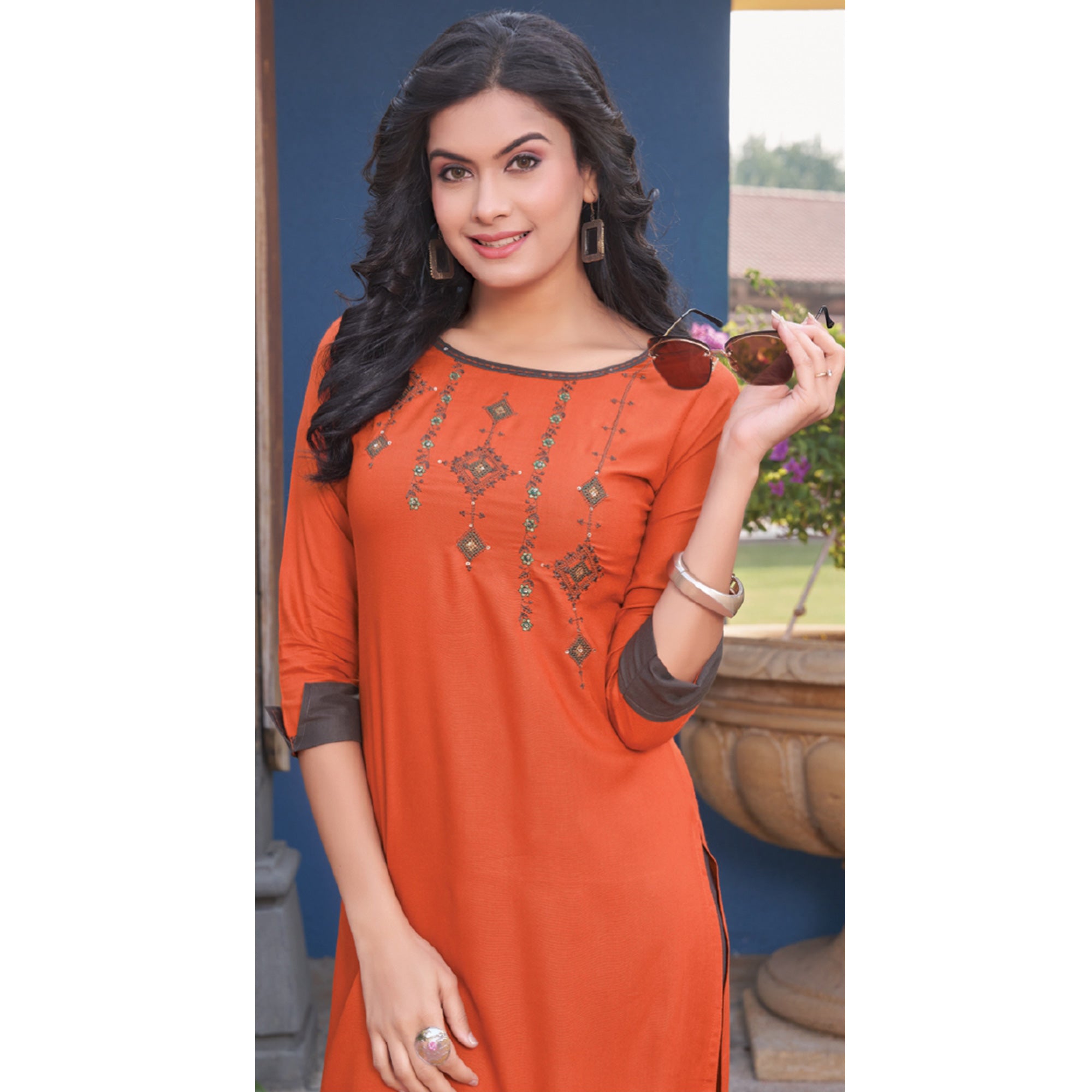 Orange Embroidered Rayon Kurti