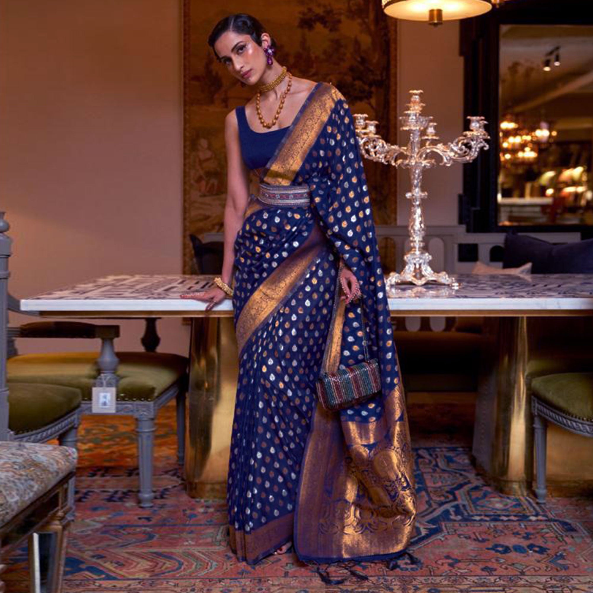 Navy Blue Woven Khadi Silk Saree With Tassels