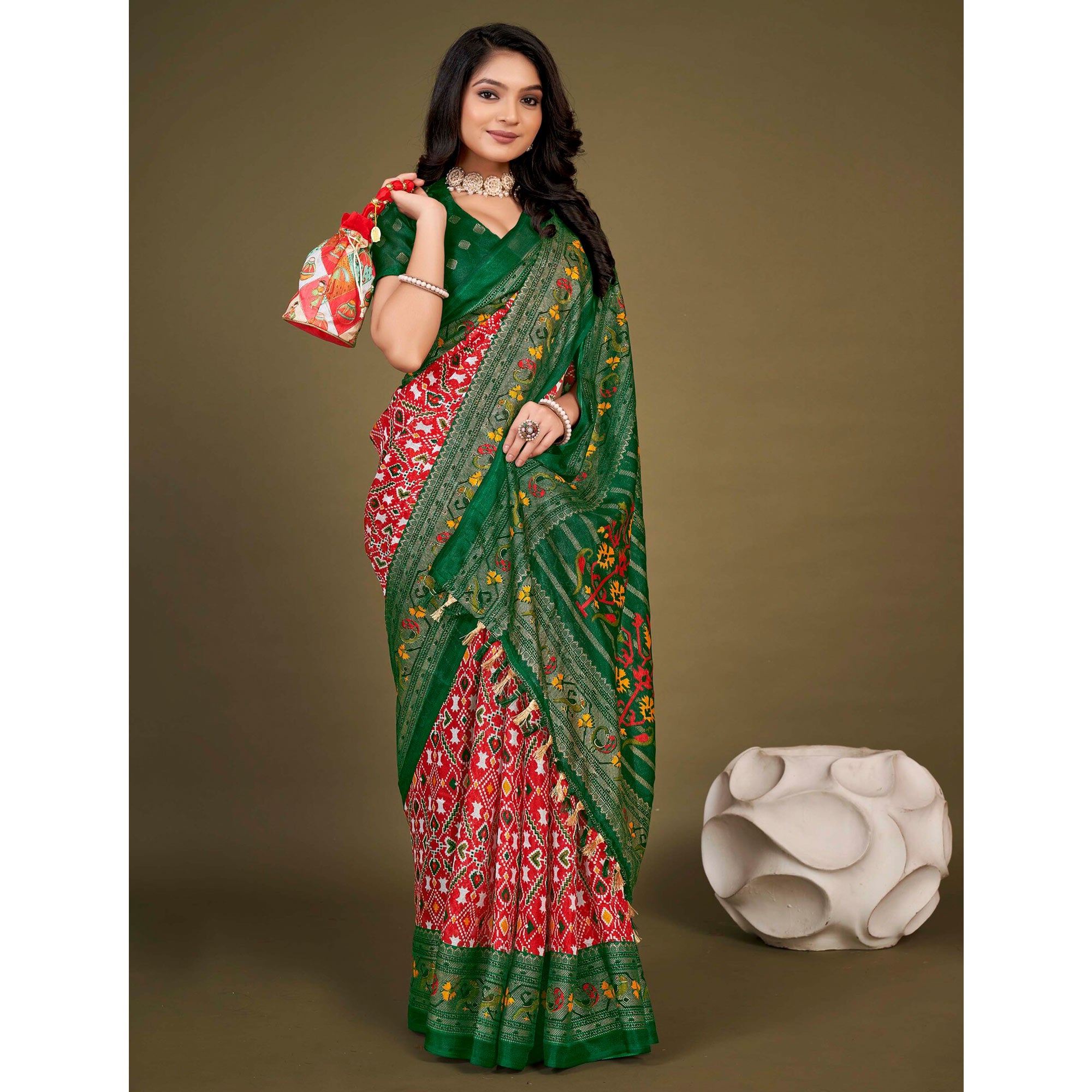 Red Printed Jute Patola Saree With Tassels