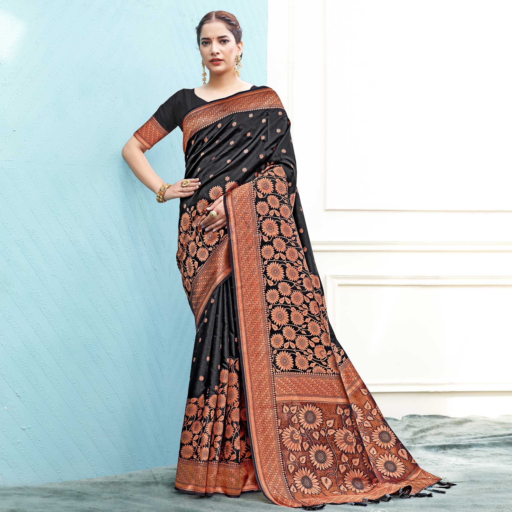 Black Floral Woven Art Silk Saree
