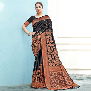 Black Floral Woven Art Silk Saree