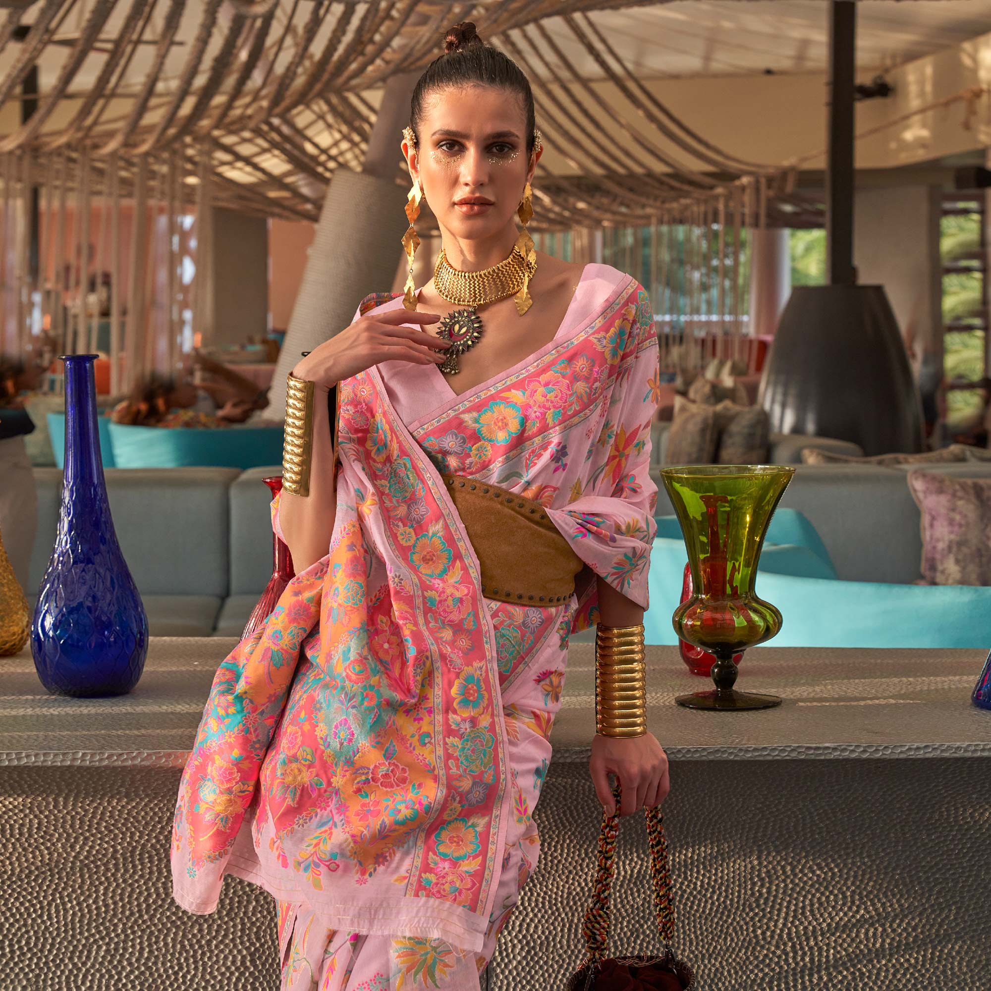 Pink Floral Woven Modal Saree