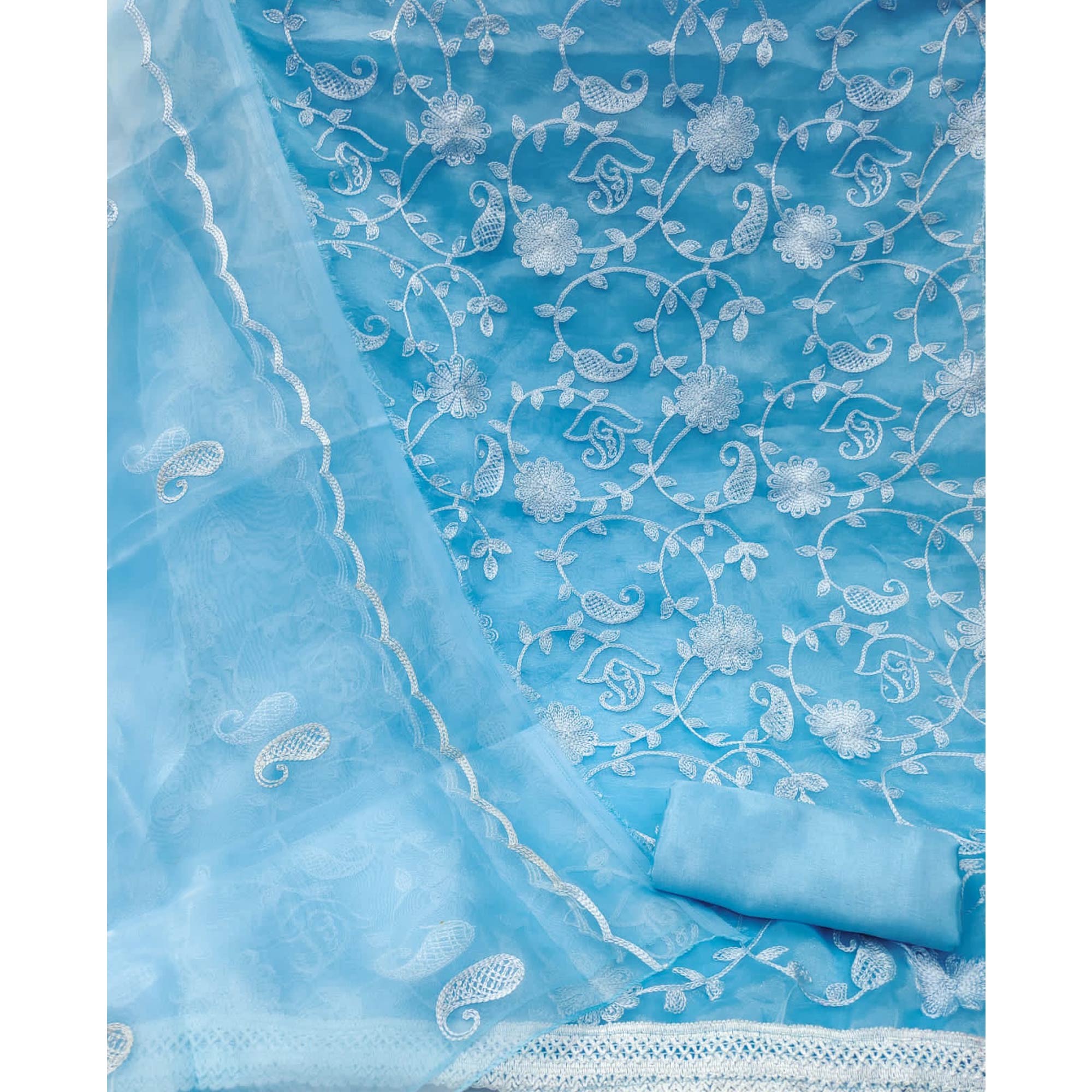 Sky Blue Floral Embroidered Organza Dress Material