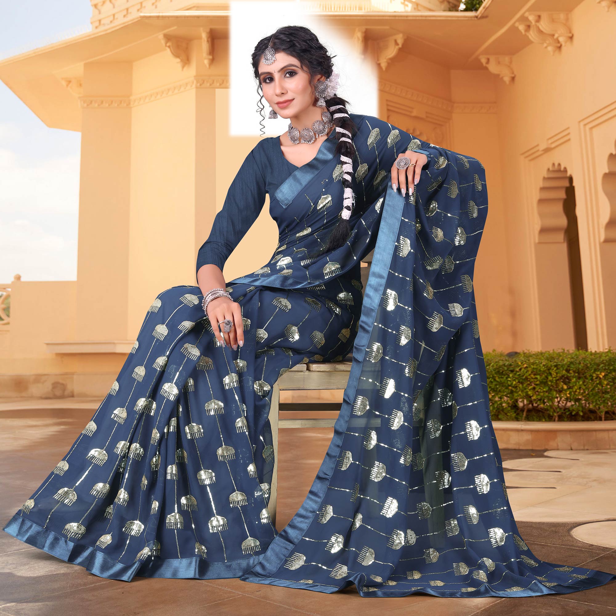 Blue Sequins Embroidered Georgette Saree