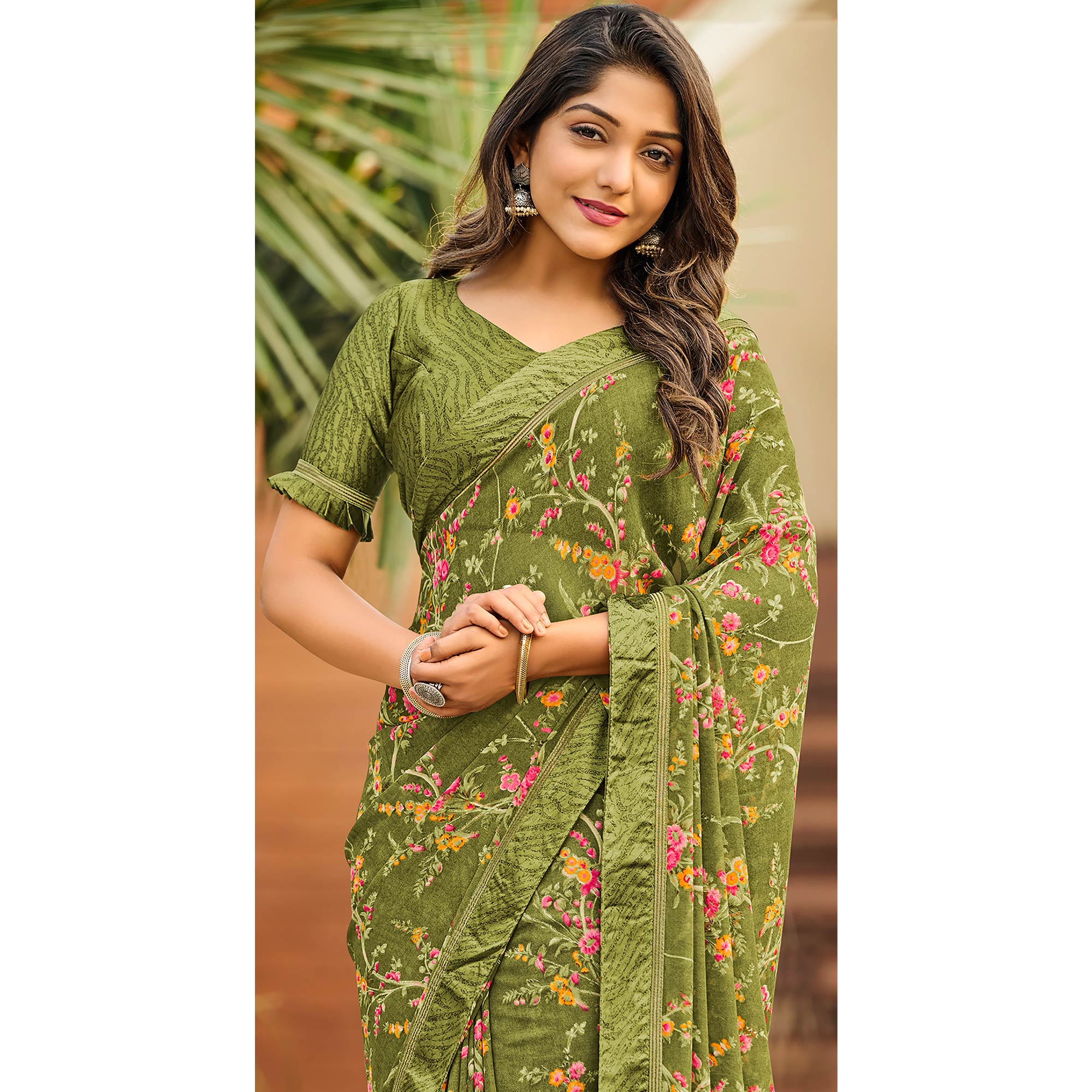 Green Floral Printed Georgette Saree