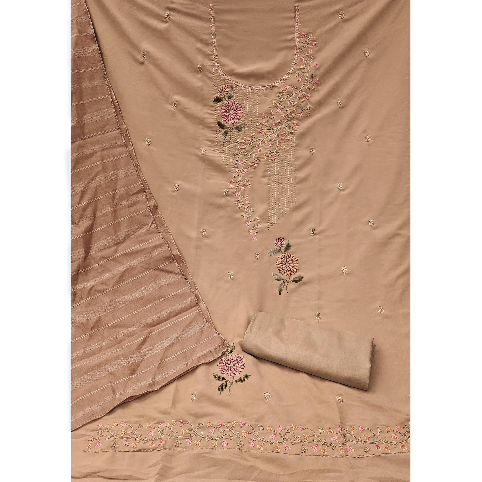 Beige Floral Embroidered Georgette Dress Material