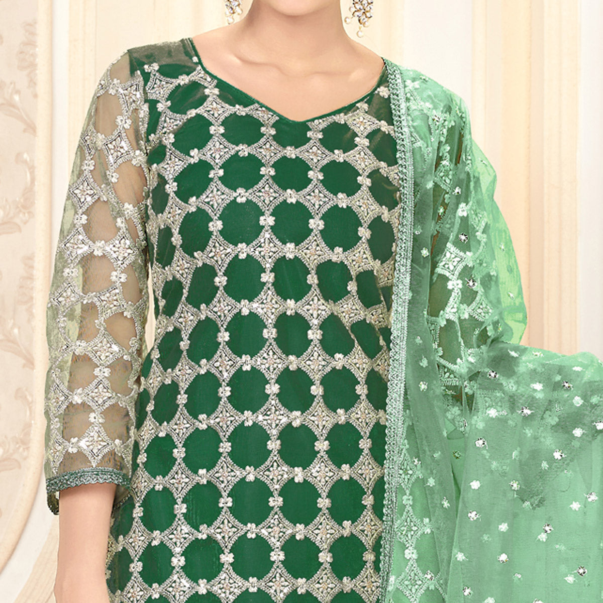 Green Sequins Embroidered Net Semi Stitched Suit
