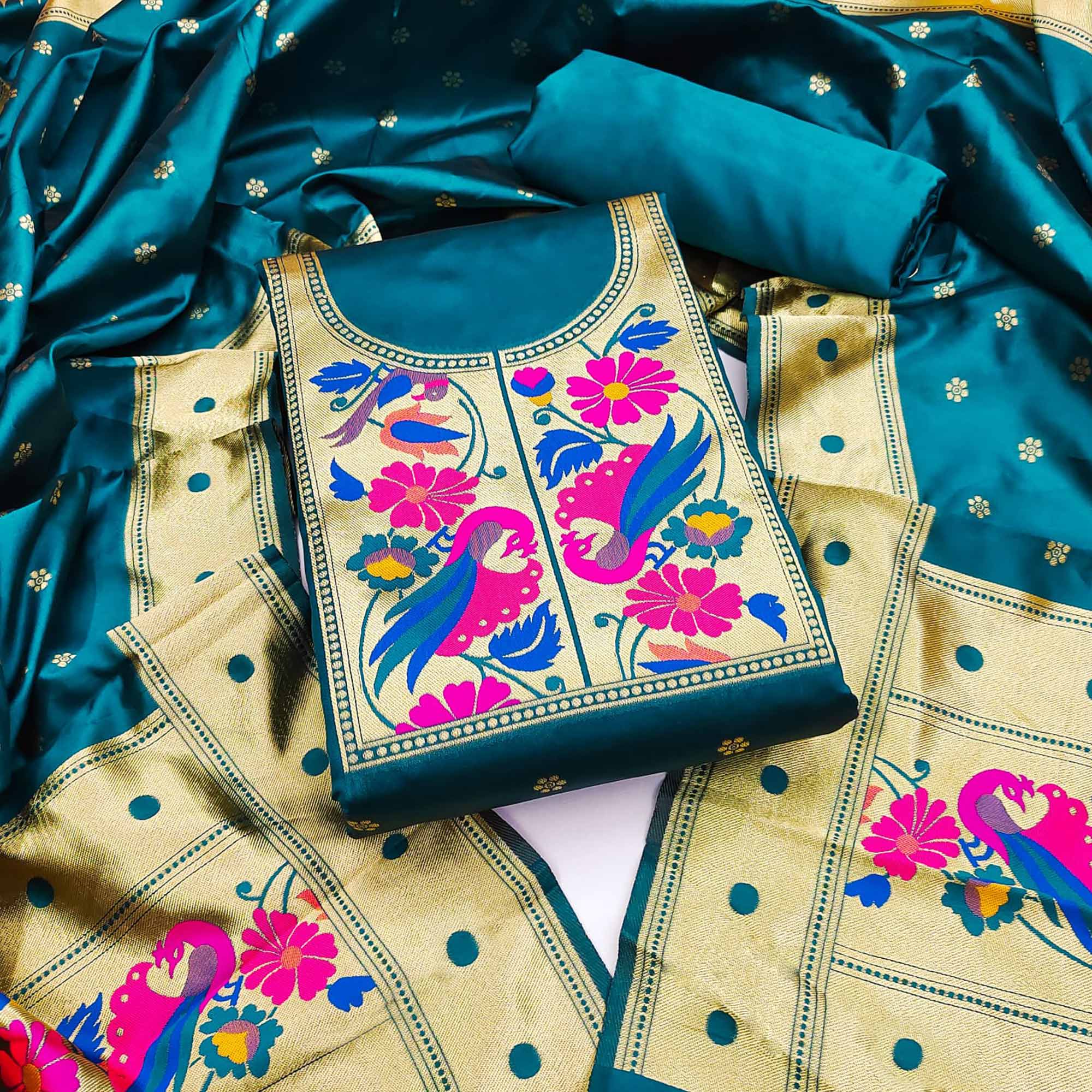 Rama Blue Woven Banarasi Silk Paithani Dress Material