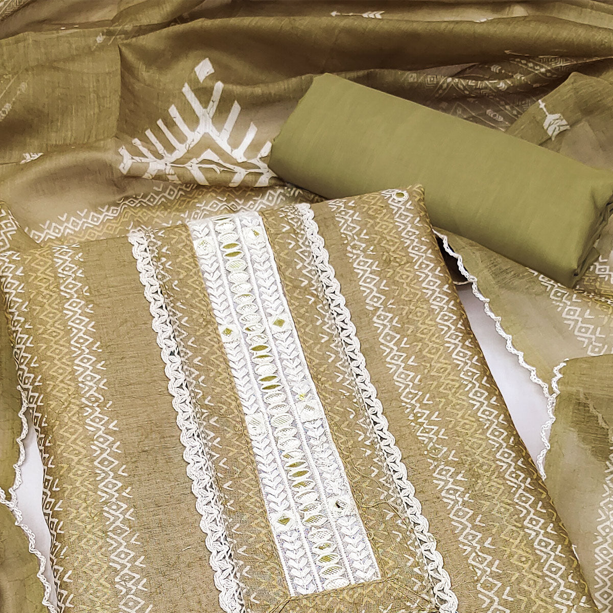 Mehendi Green Digital Printed With Embroidered Chanderi Dress Material