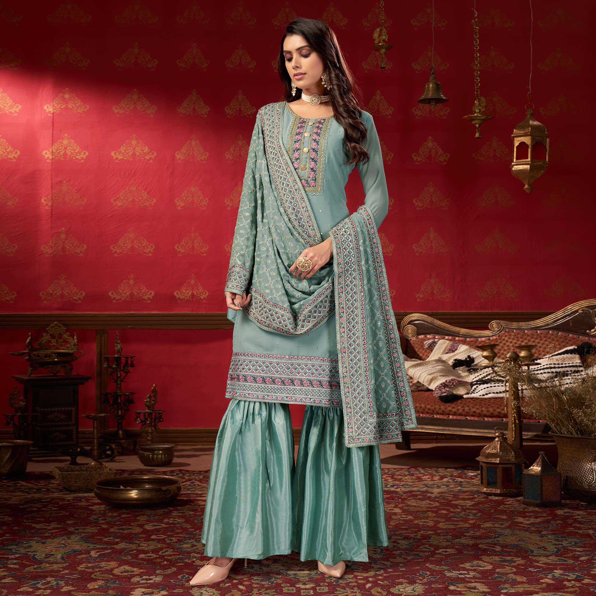 Grey Embroidered Georgette Sharara Suit