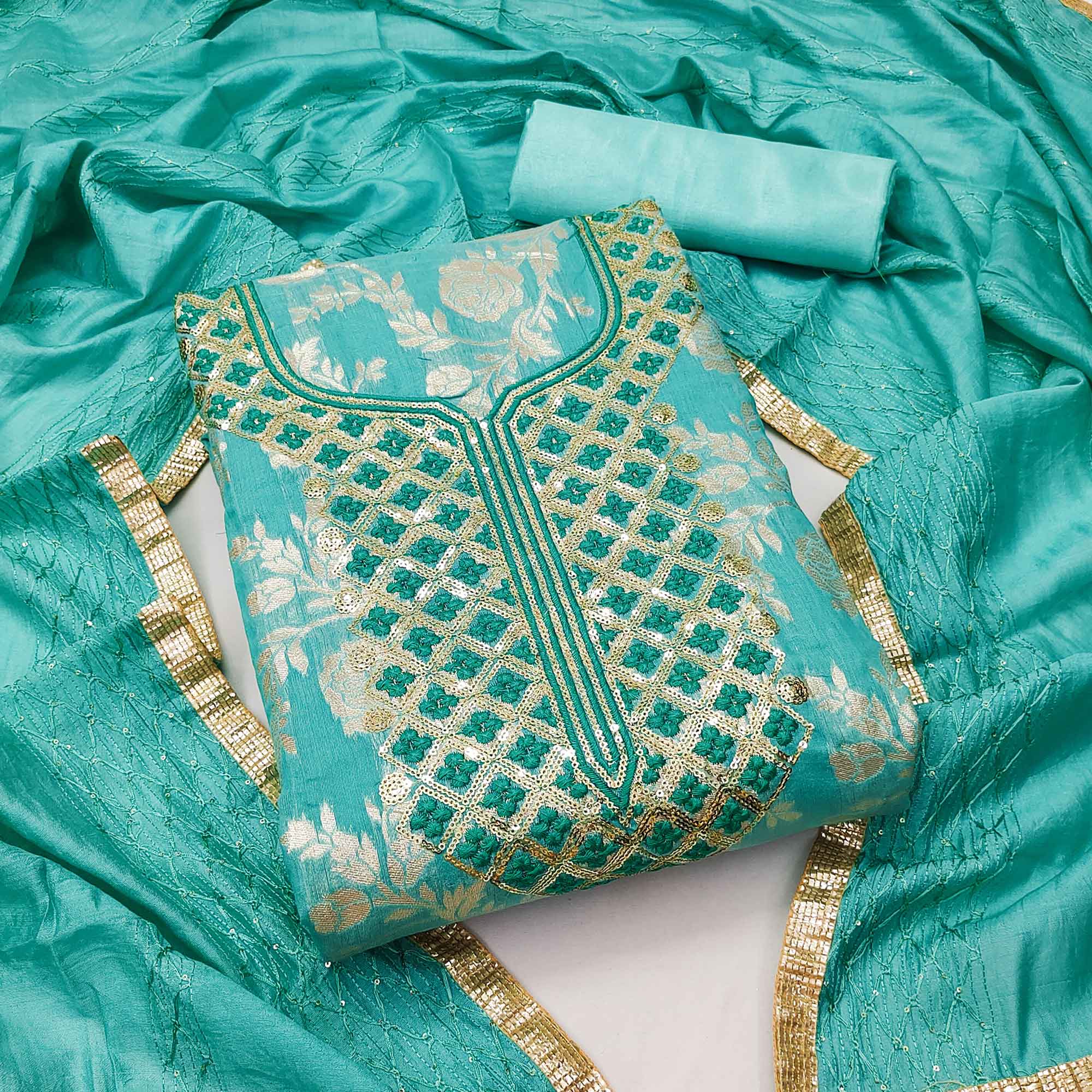 Turquoise Woven With Sequins Work Modal Dress Material